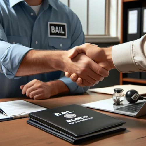 Handshake between bail bondsman and client in Chula Vista office.