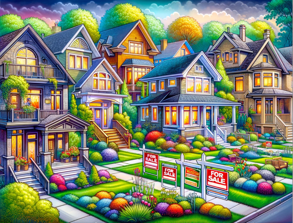 A vibrant and detailed illustration depicting various houses for sale in Westboro.