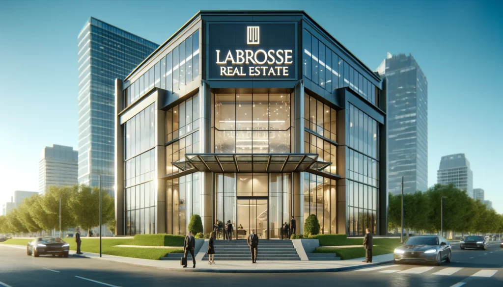 The modern Labrosse Real Estate office building, featuring a sleek glass and steel facade with a prominent sign above the entrance. Business professionals are seen entering the building, set against an urban backdrop with a clear blue sky.