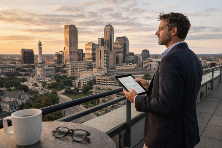 Man in navy blazer overlooking Indianapolis skyline